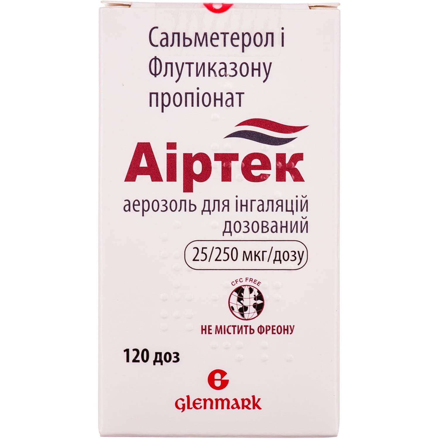 АІРТЕК аерозоль для інгаляцій дозований, 25/250 мкг/дозу, по 120 доз в алюмінієвому контейнері з дозуючим клапаном і розпилюючою насадкою з захисним ковпачком